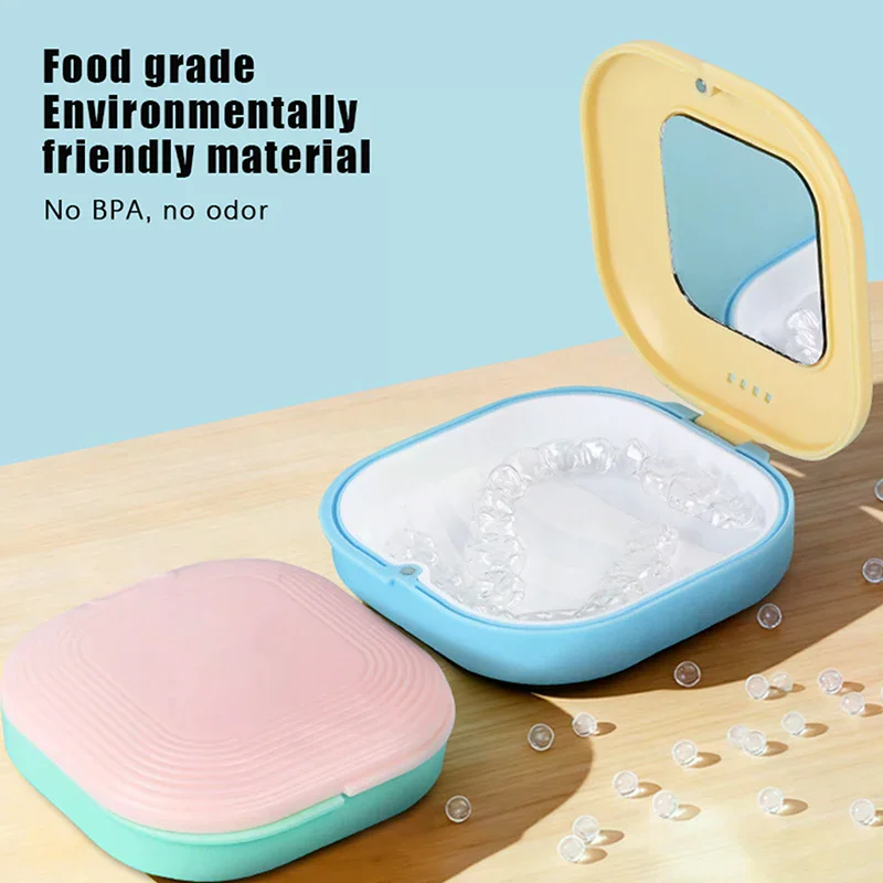 치아 교정기 보관함 (거울 포함, 자석식, 마우스가드 보관함, 여행용 케이스, 치아 교정기, 틀니 보관용)