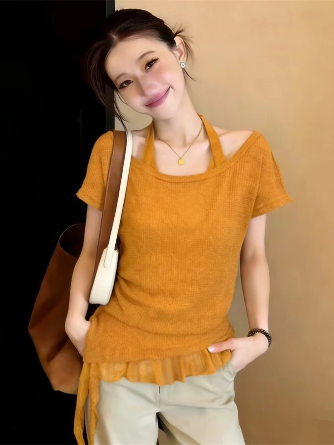 

plus Size Lace Short Sleeve T-Shirt Summer New Style Slimming Versatile Design Hanging Neck Top Korean Style Commute Wind Hig...