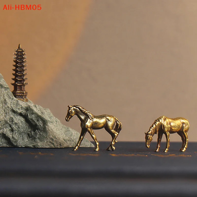 (HB05)Antique Brass Solid Long Tail Horse Figurin Miniatures Feng Shui Ornament Copper Zodiac Animal Mini Desktop Decorat Crafts