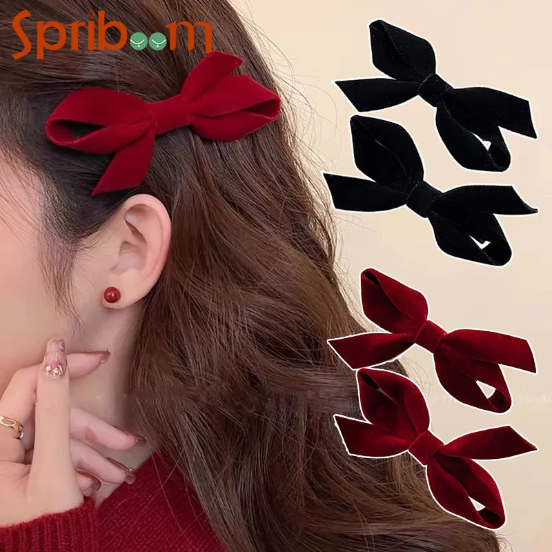 

Black Red Velvet Bows Hairpin New Year Girls Headband Temperament Woman Hair Accessories Autumn Winter Bangs Clips Gift 2Pcs/lot