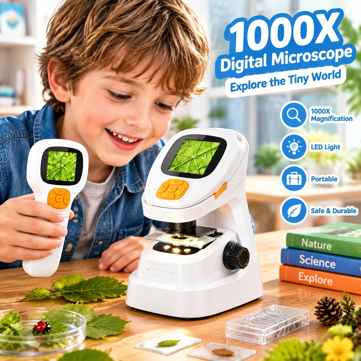 1000X Kids Microscope Toy, Handheld & Desktop 2-in-1 with LED Light, STEM Educational Gift for Boys Girls