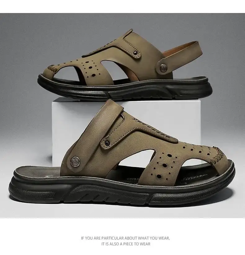 New Summer Man's Leather Baotou Hollow Casual Sandal Soft Sole Non Slip Dual Purpose Outdoor Beach Sandals Slipper