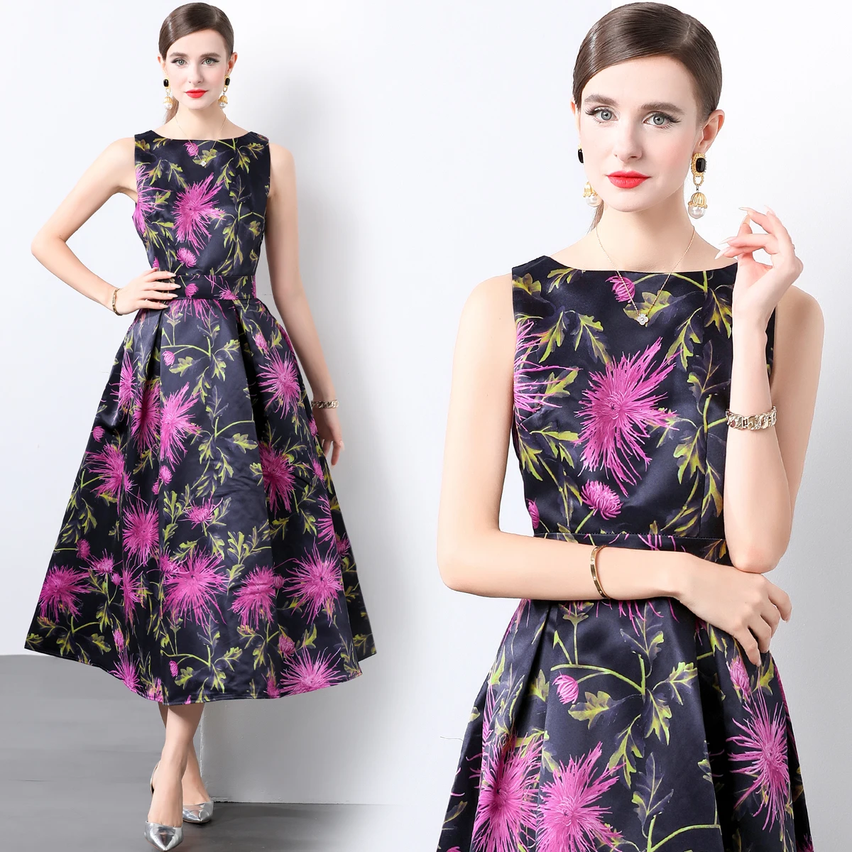 

Sleeveless high waisted dress with three-dimensional cut and waist cinching A-line skirt HL6889078