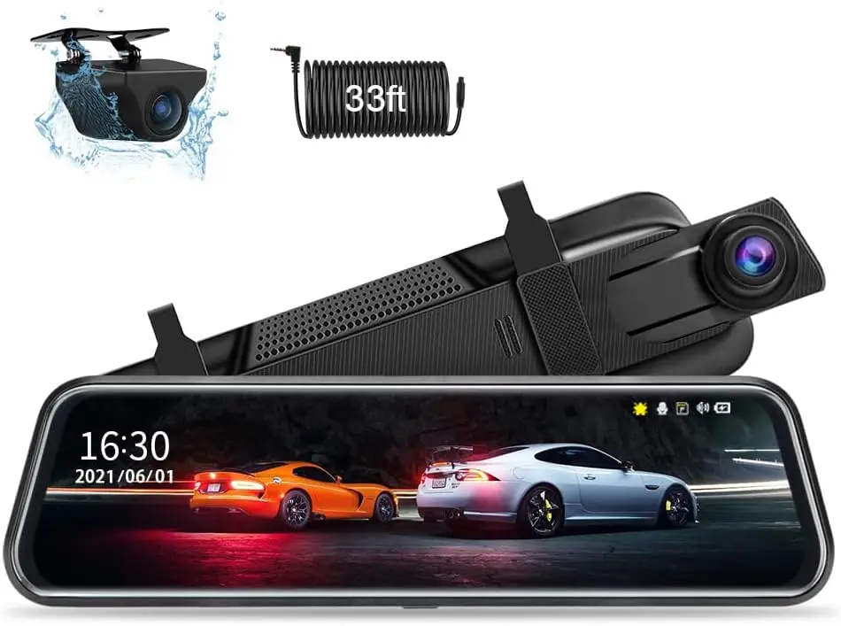 10'' Full HD Touch Screen Rear View Mirror Dash Cam - Front and Rear Camera With Loop Recording, G-Sensor, Parking Monitor