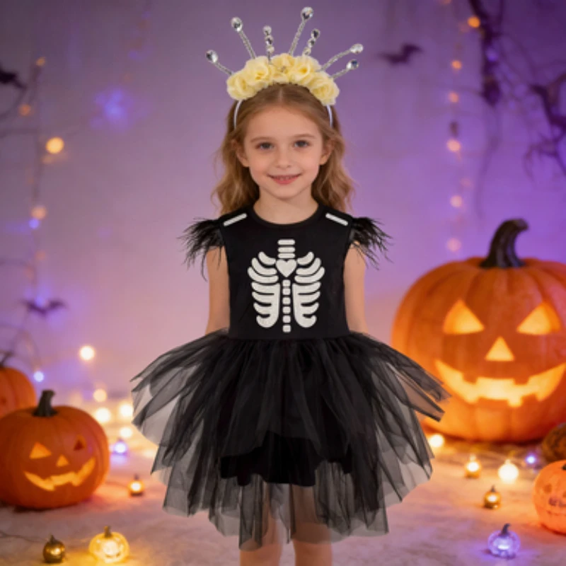 Black Halloween Themed Dress for Kids, Holiday Party Outfit, Exquisite Carnival Stage Performance Clothes, Girls' Clothing