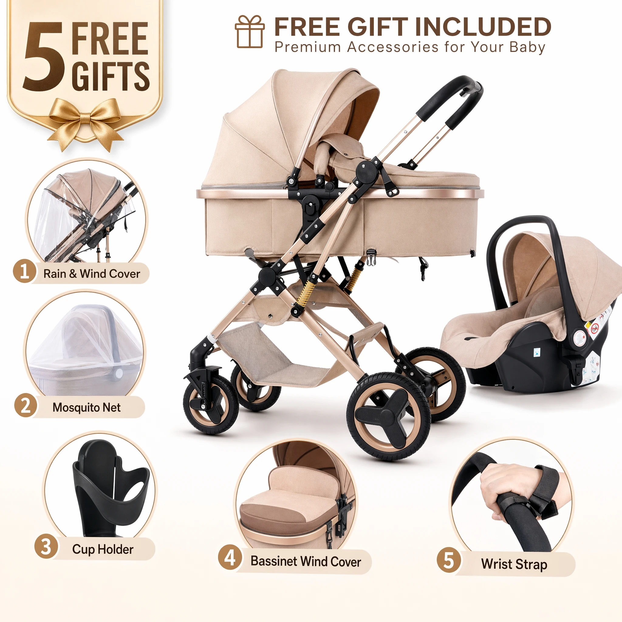 Poussette 3 en 1 Babyfond pour nouveau-né, position haute, bidirectionnelle, pouvant être utilisée e