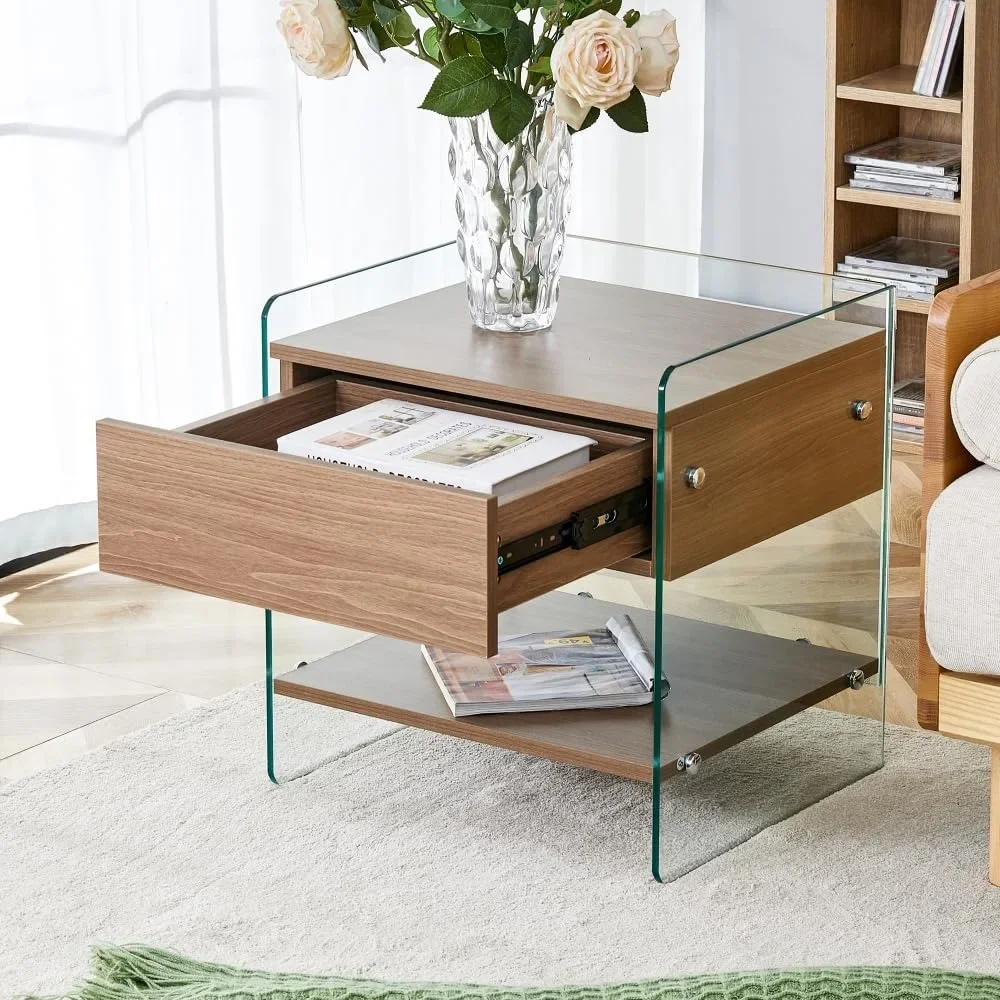 

Modern Glass Coffee Table with Drawers, Round Side Table with Storage Function, MDF + Tempered Glass