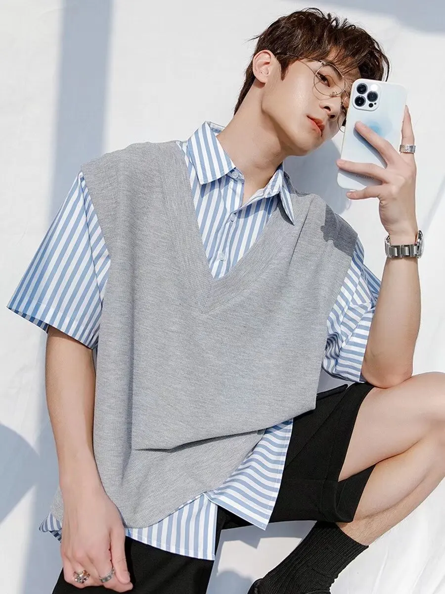 

Мужская летняя футболка свободного кроя с модным полосатым узором, повседневная молодежная одежда, стандартный крой