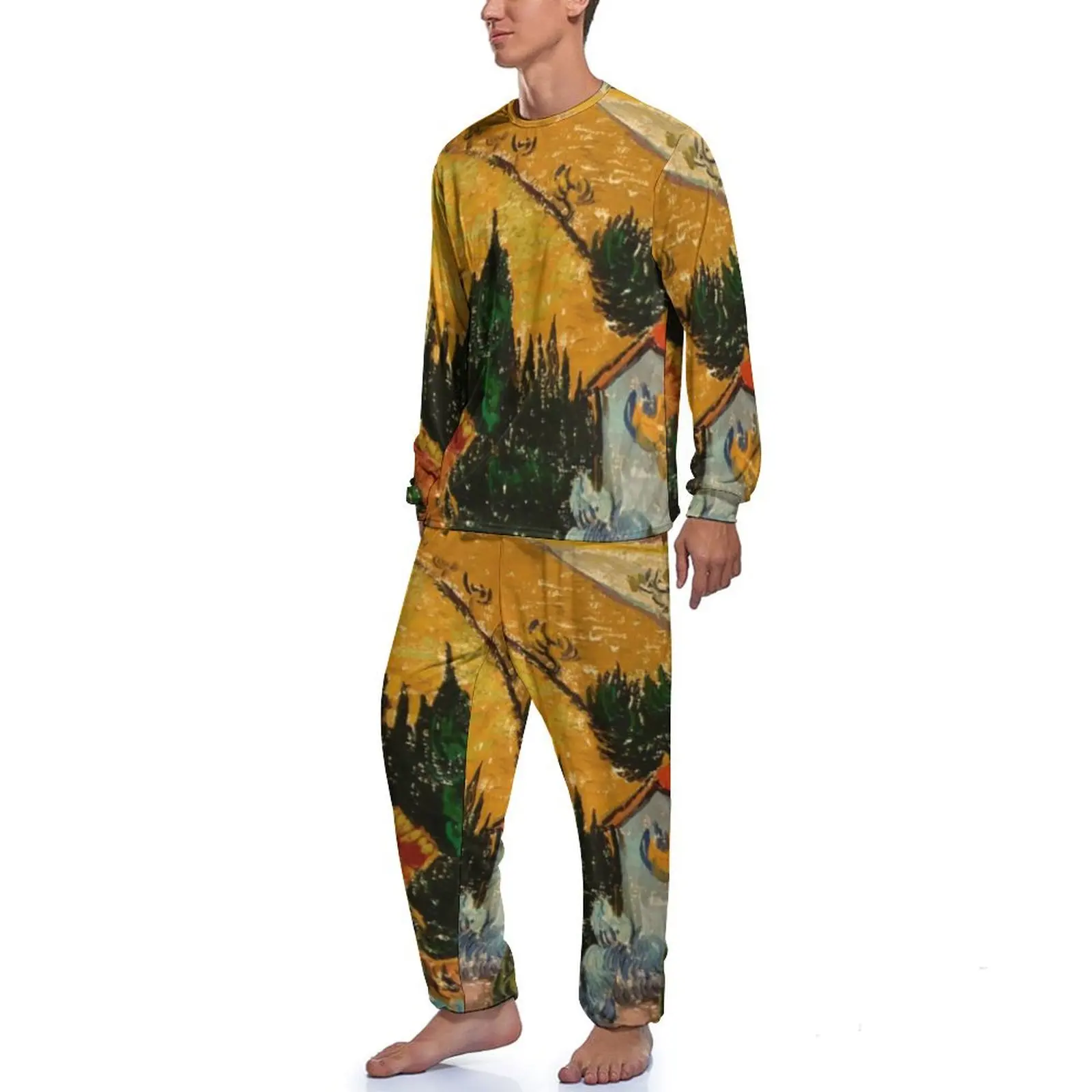 Vincent Van Gogh Pajamas Winter Landscape With House Leisure Sleepwear Mens 2 Pieces Custom Long Sleeves Kawaii Pajamas Set