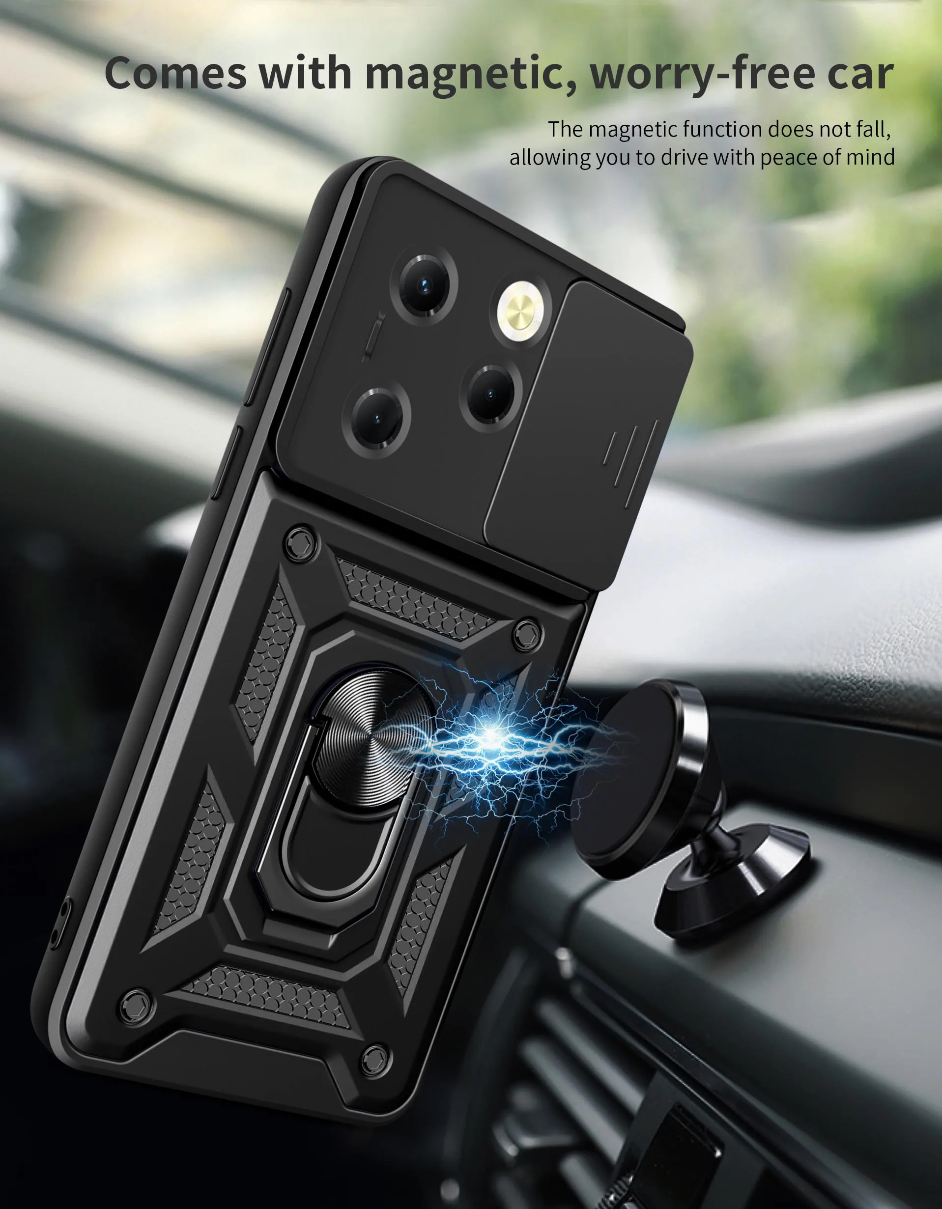 Case for Infinix Hot 40 Pro Slide Camera Car Magnetic Ring Holder Silicone Protection Phone Cover Hot40Pro X6836 X6837 Coque