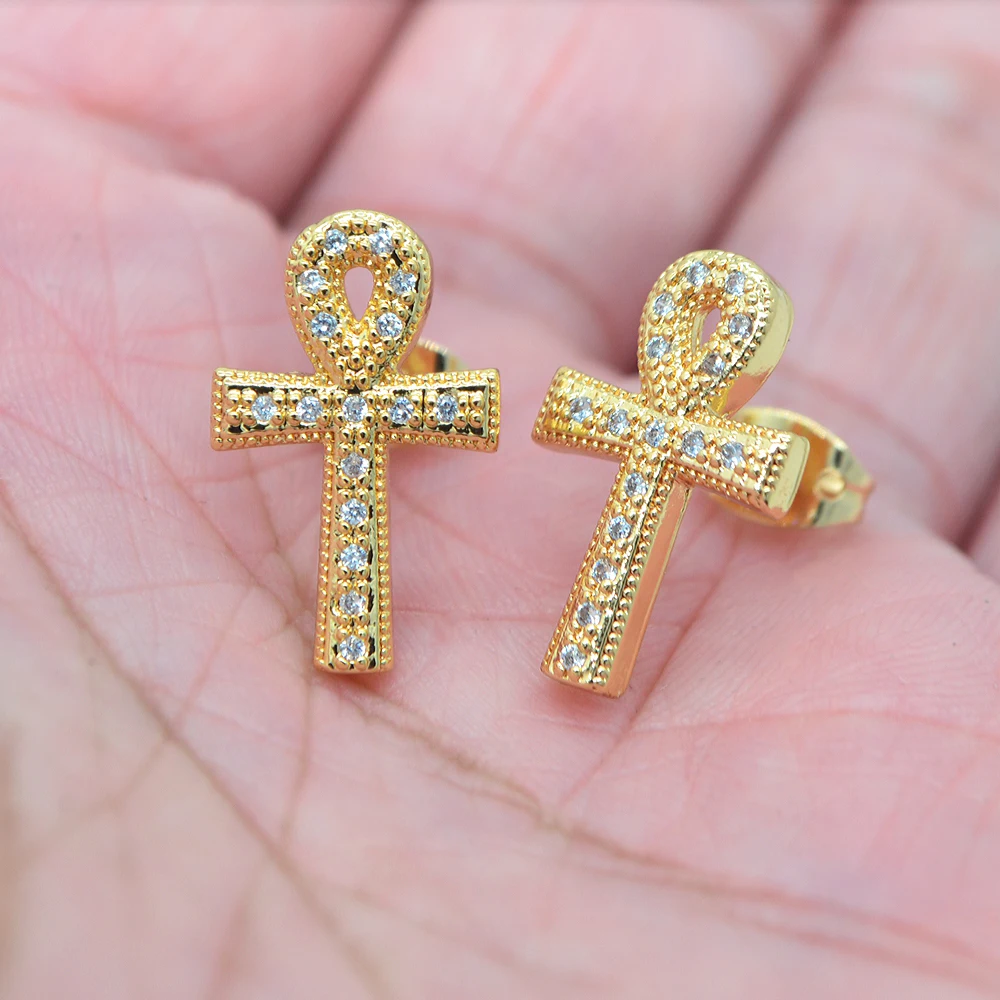 Fashion Gold Color Women Clear Cubic Zirconia CZ Egyptian Ankh Cross Stud Earrings Jewelry