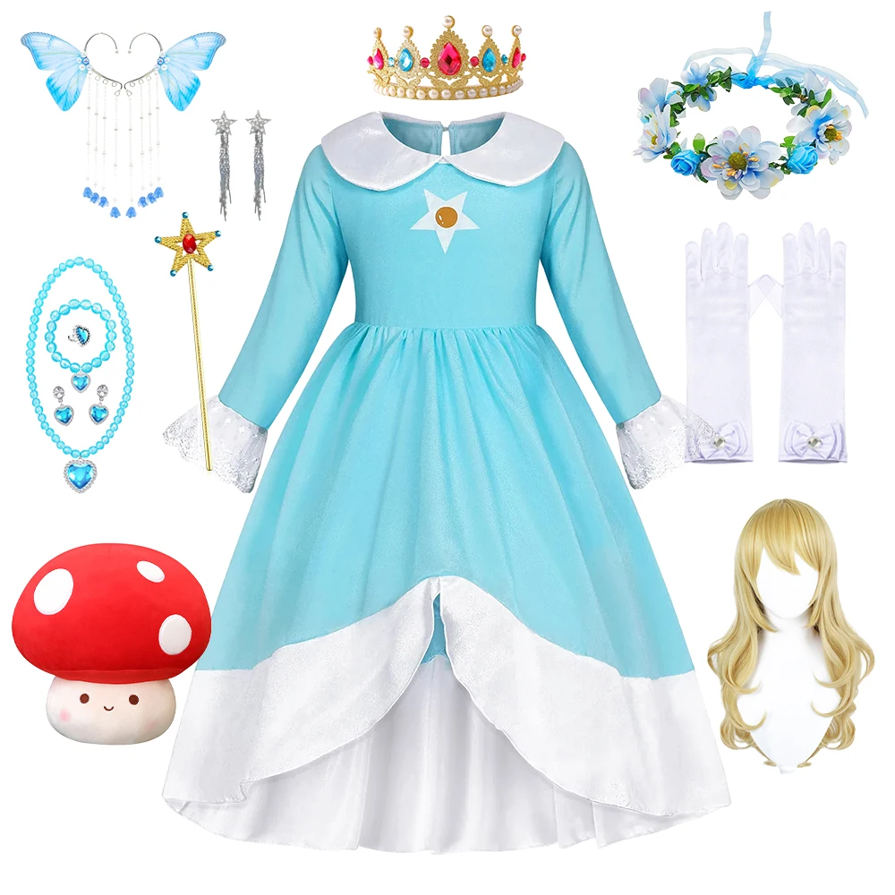 Rosalina Dress Girls Peach Cosplay Birthday Blue Dresses Kids Party Princess Costume Children Clothing