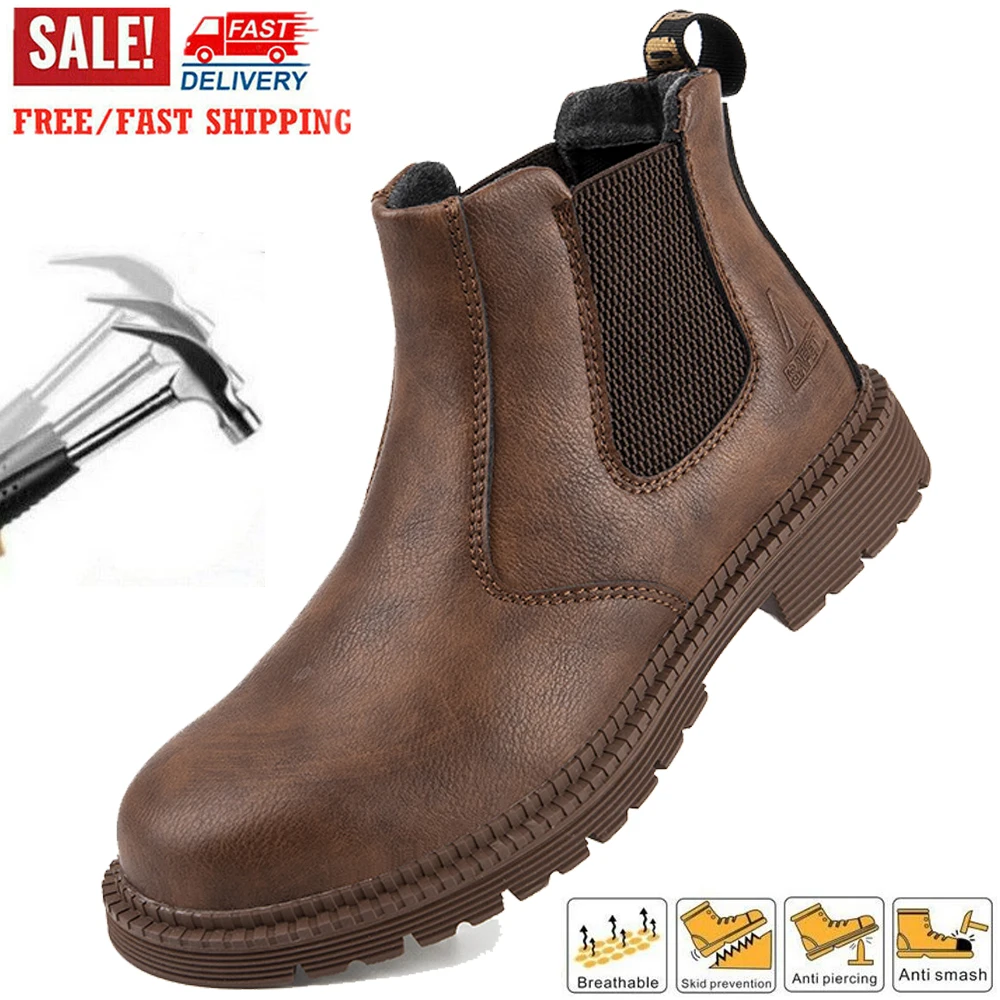 

Leather Safety Shoes Steel Toe Boots for Men Water Resistant Lightweight Work Shoes Anti-Puncture Anti-smash Work Shoes