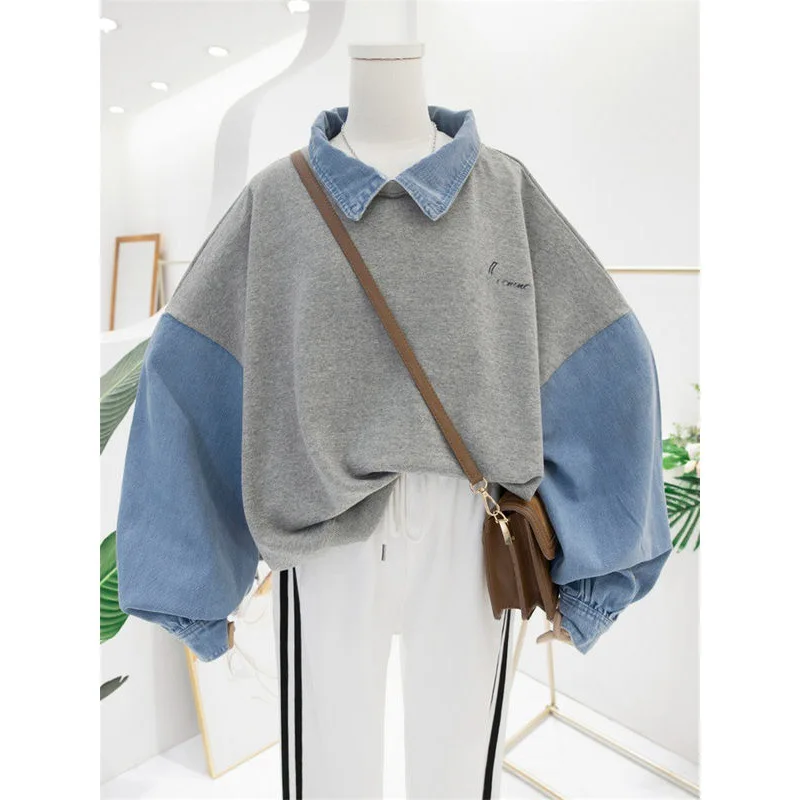 FAVRE Denim Stitching Sweatshirts Polo Lapel Contrast Pullovers Women Spring Autumn Thin Hoodies Korean Version Casual Ins Tops