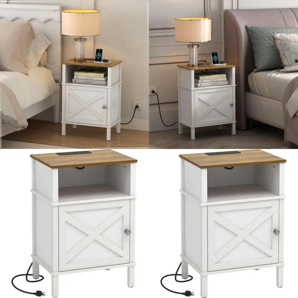 

White Rustic Farmhouse Nightstand with USB/Type-C Charging, Storage, and Outlets for Bedroom WGBZ0601WFE