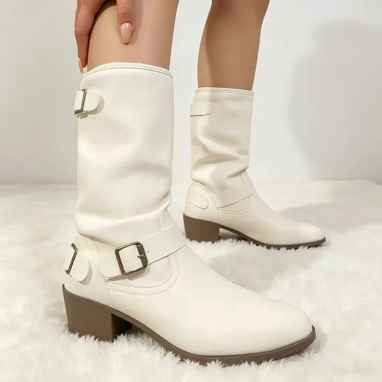 Weiße Westernstiefel mit Mehrfach-Schnallen, Rundem Zehenbereich und Blockabsatz für Damen – Detail 6
