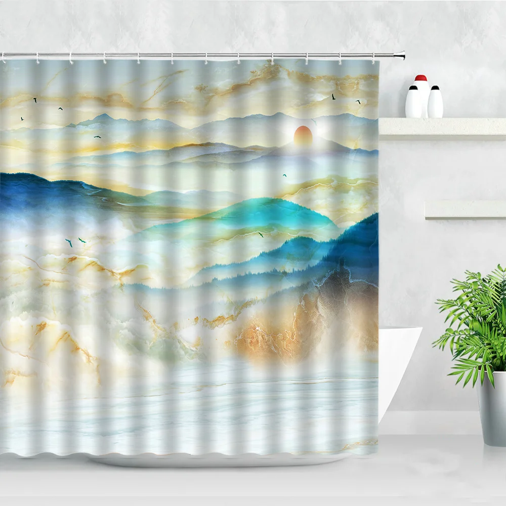 

China Landscape Marble Pattern Texture Shower Curtain Red Sun Mountain Bird Print Bathroom Decor Fabric Bath Curtain with Hooks