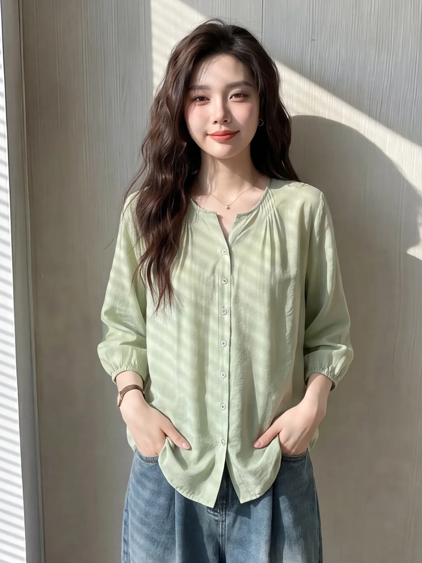 Light Green Bean Color Loose Fit Long Sleeve round Neck Sun Protection Shirt Women's Thin Texture Pleated Bubble Sleeve Top