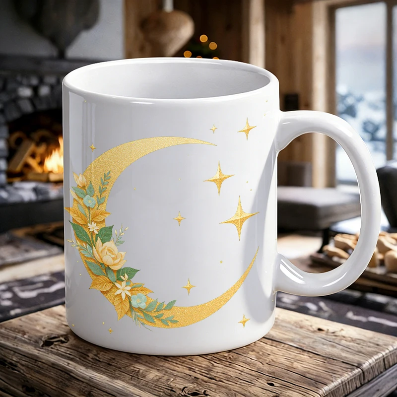 

Golden Floral Star and Moon Print Ceramic Mug, Coffee Cup, Milk Cup, Office Tea Cup, Drinking Cup,Does Not Fade,Gift for Friends