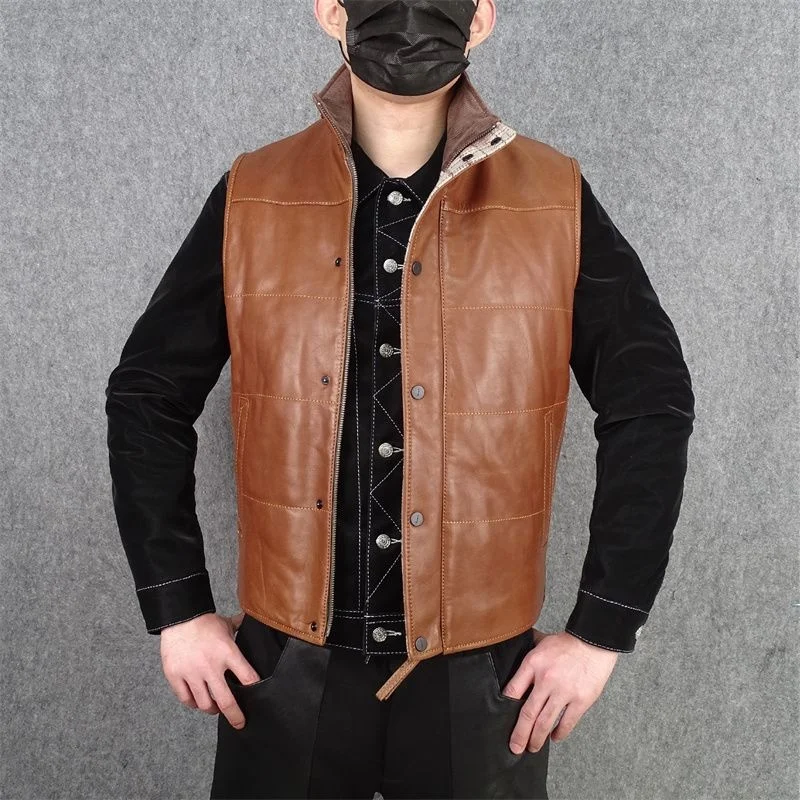 

genuine leather 100% fur coat men jacketLuxury level! Imported top layer oil wax sheepskin uned original men's winter down vest