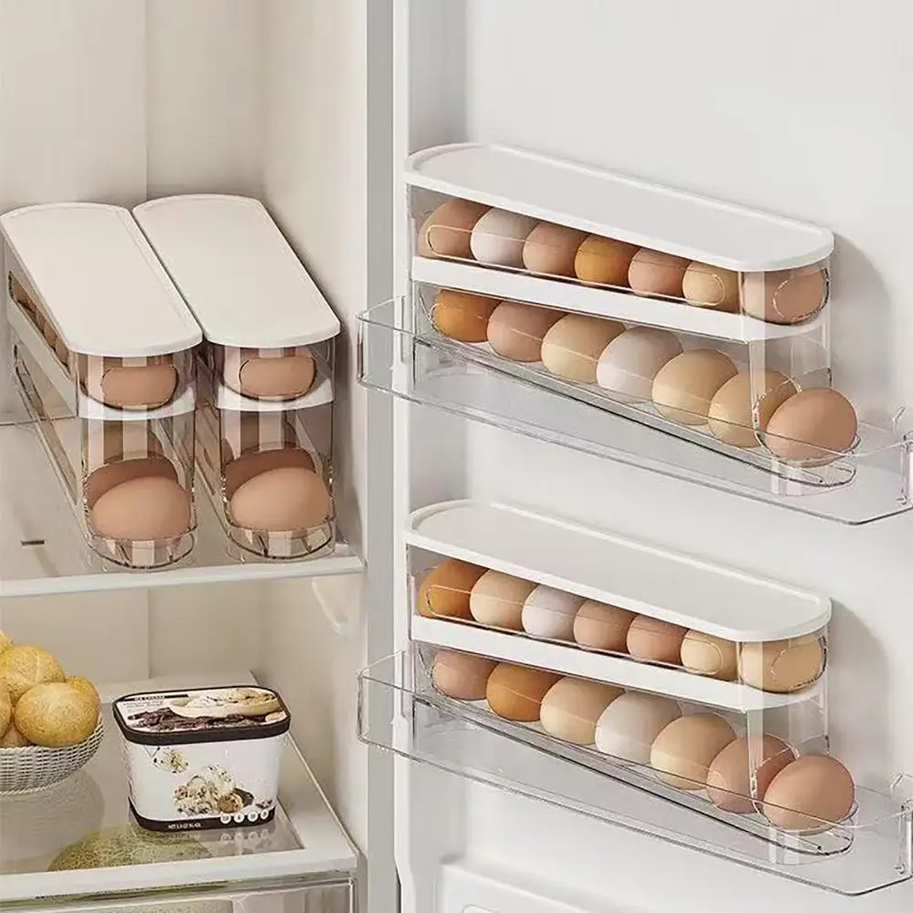 2-Tier Egg Holder for Fridge Auto Rolling Eggs Dispenser Storage Box Egg Organizer for Kitchen Counter Refrigerator Storage