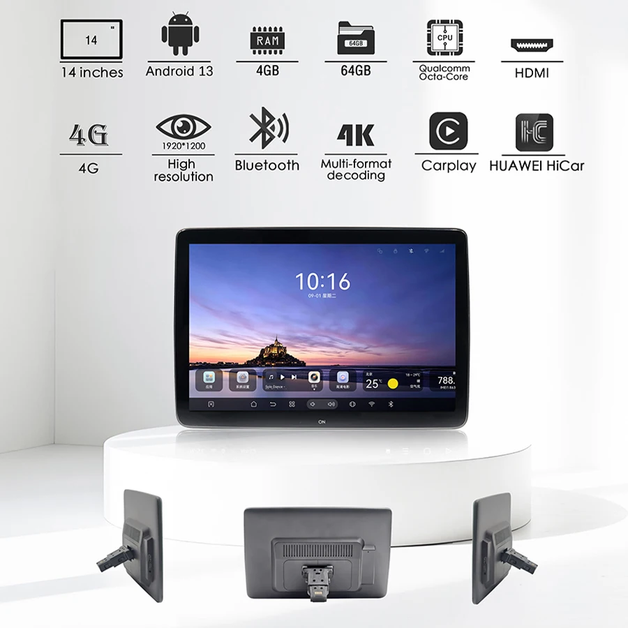 14inch 1920*720 Headrest Monitor Carplay Android  GPS 4G WiFi Car multimedia Player For Toyota bZ7 Toyota Camry TV Touch Screen