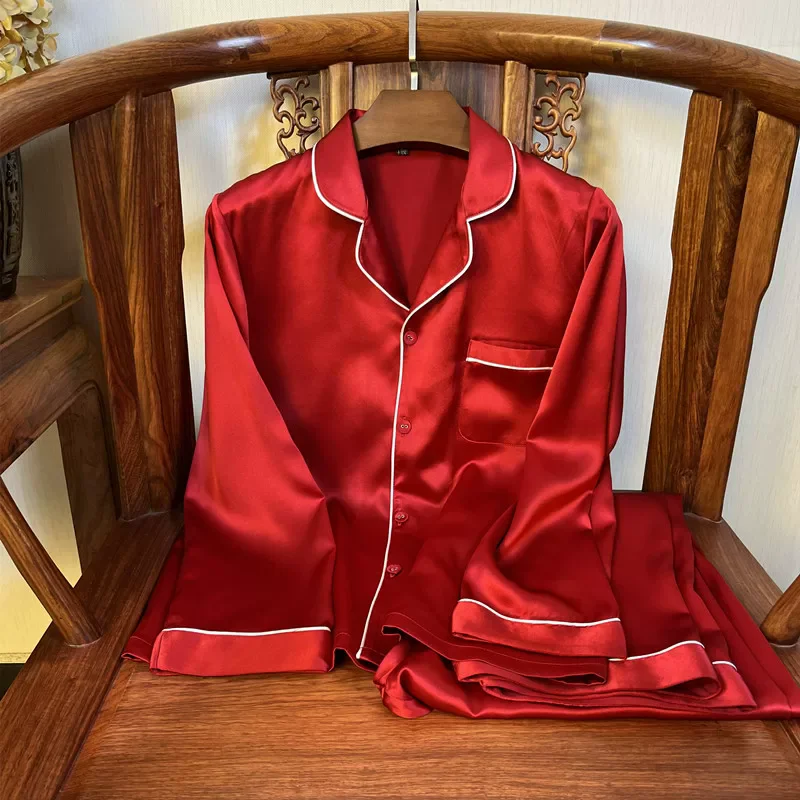 40 Momme 100% Mulberry Silk Couple Pajamas Loungewear Luxury 6A Thicken Silk Long-Sleeve Tops Pants Nightgowns Set for Men&Women