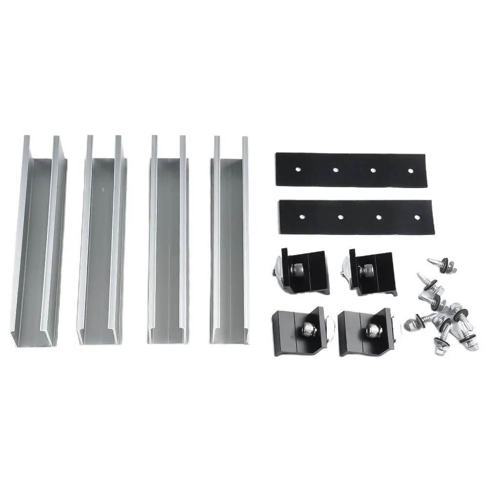 PV Solar Module Bracket Mounting Rail Kit Aluminium Rail Flat Roof End/Middle Clamp Set 20cm Length 30-35cm Adjustable Clamp