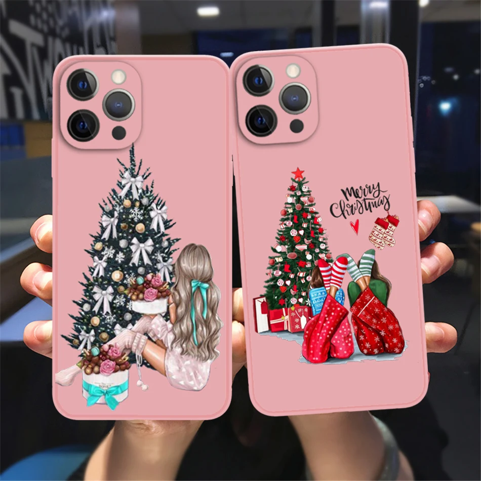 Merry Christmas Fashion Girl Shockproof Pink Phone Case For iPhone 13 12 11 14 15 16 Pro Max 16 15 Plus Mini Soft Bumper Cover