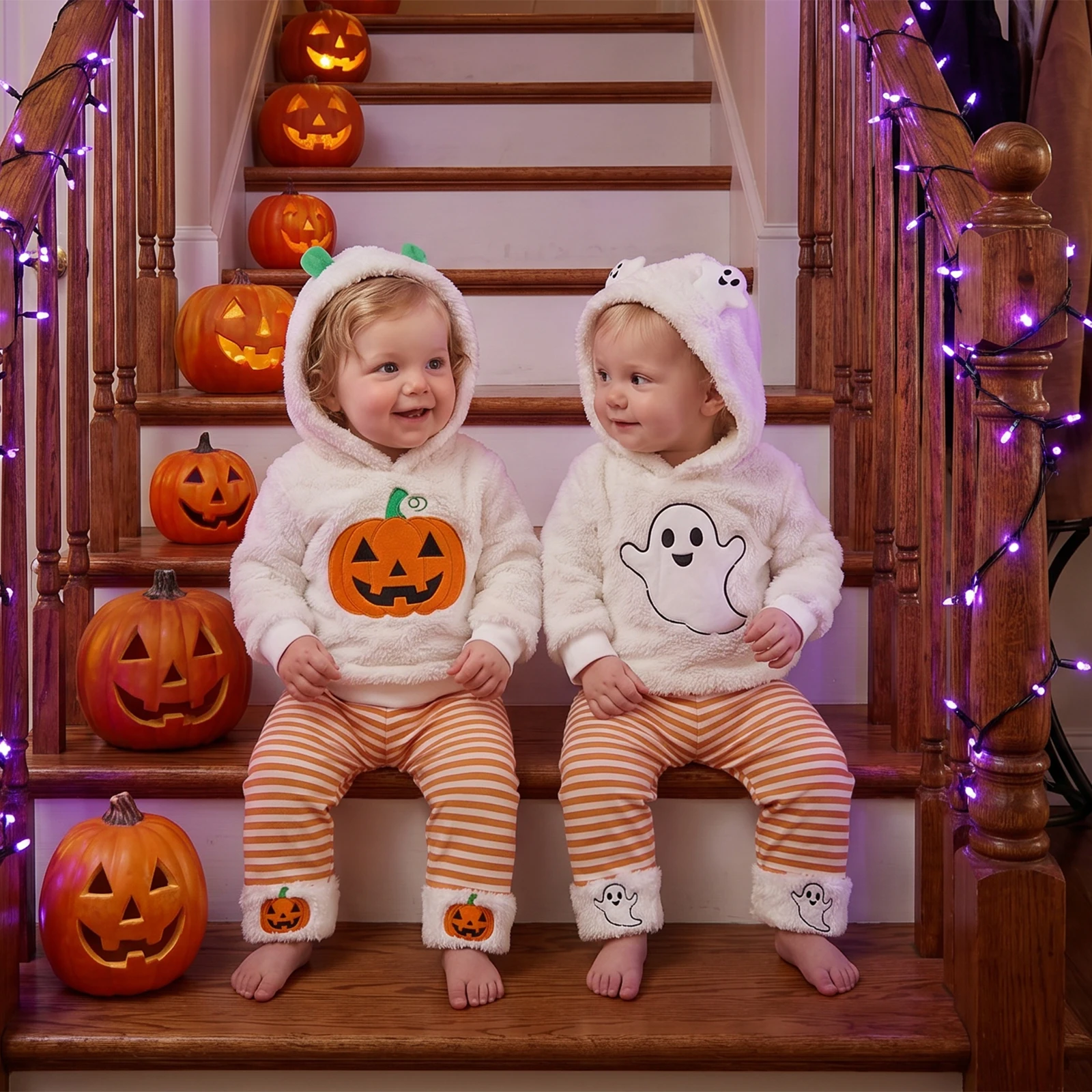 2027 Halloween Girls Outfit Winter Warm Hooded Plush Embroidery Pumpkin Ghost Sweatshirt with Striped Pants Baby's Sets