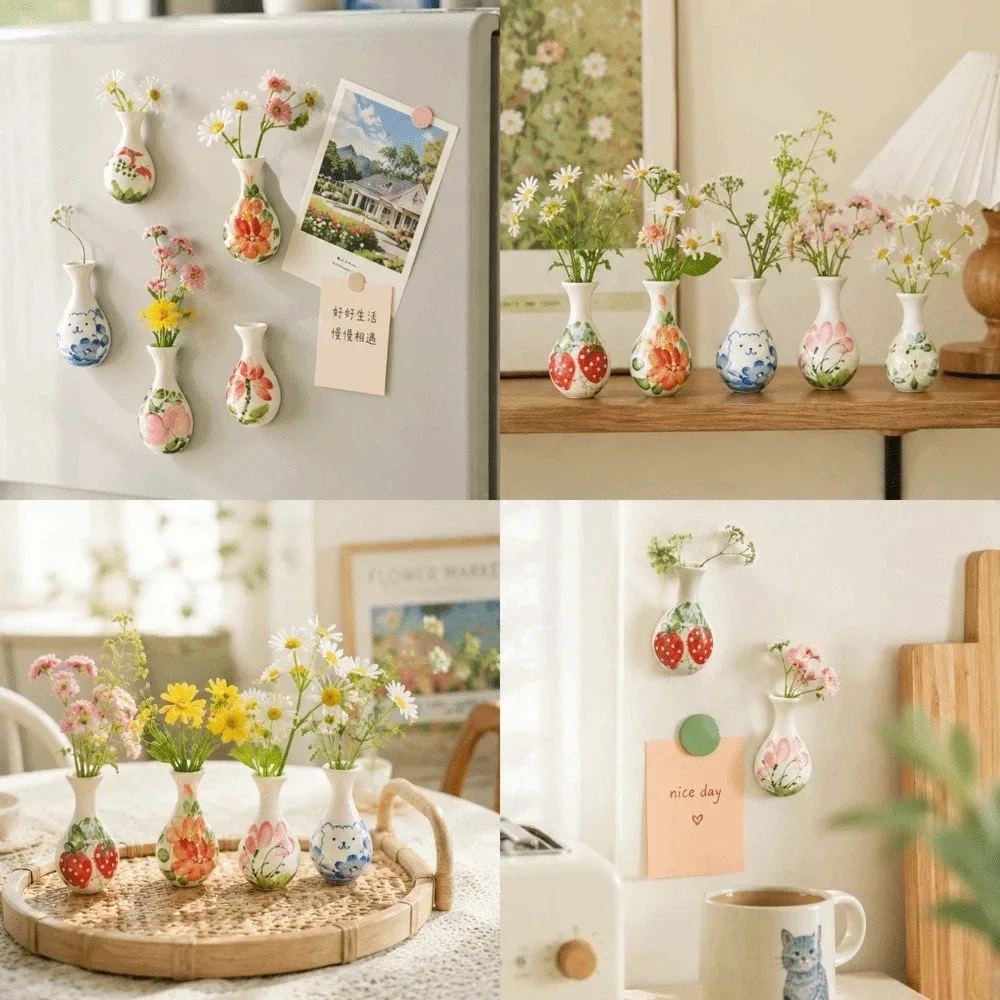 Funny Magnetic Mini Flower Vase Chinese Style Ornaments Home Decoration Ceramic Flower Arrangement Container Collection