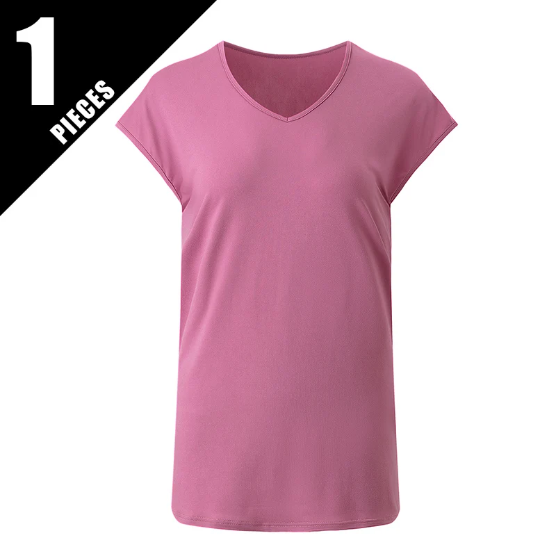 Women's Summer Solid Color Basic Versatile Casual Sports Short Sleeved T-Shirt Comfortable V-Neck Fashionable Top