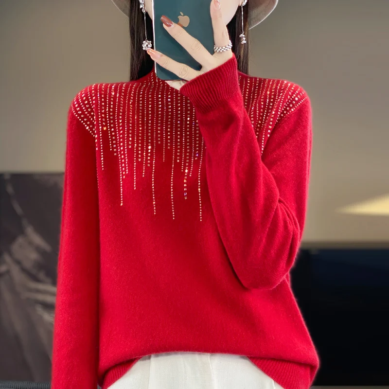 

New year's high-end with 100% cardigan women's new knitted bottoming shirt rhinestones lazy wind outside the coat.