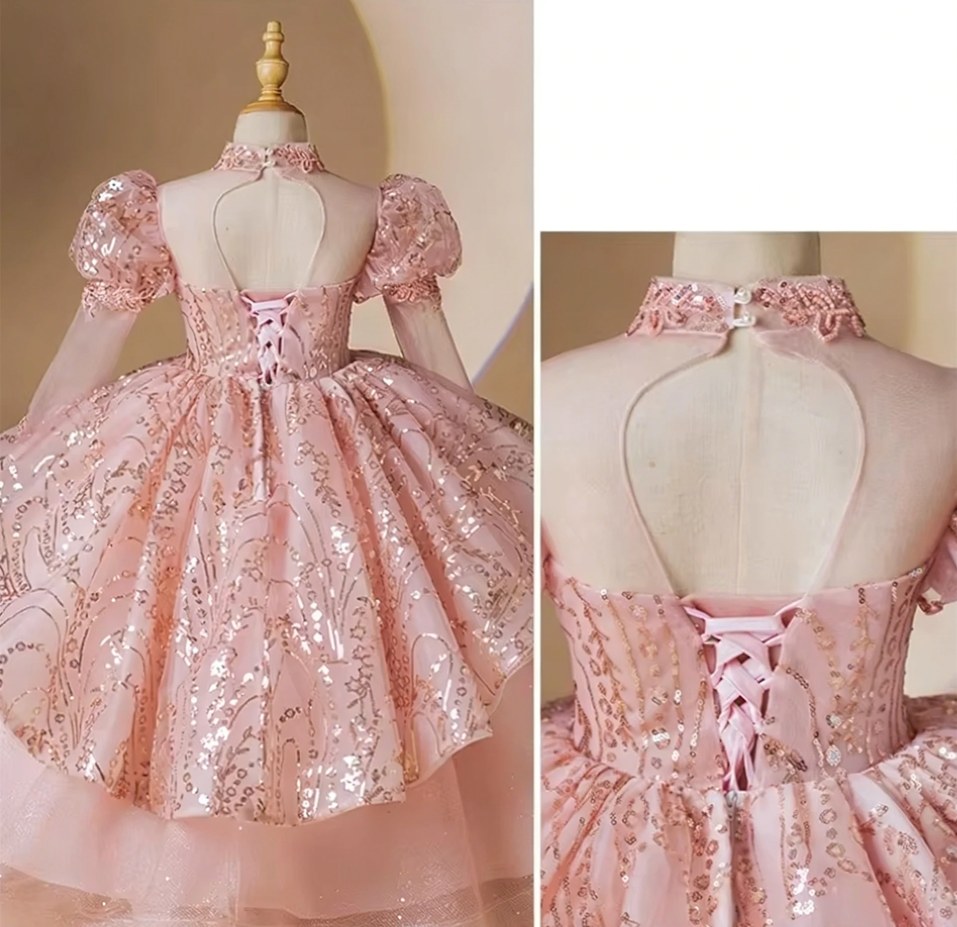 

Customized Pink Flower Girl Dress For Wedding Appliques Glitter High Waist Cute Kids Birthday Party First Communion Gown