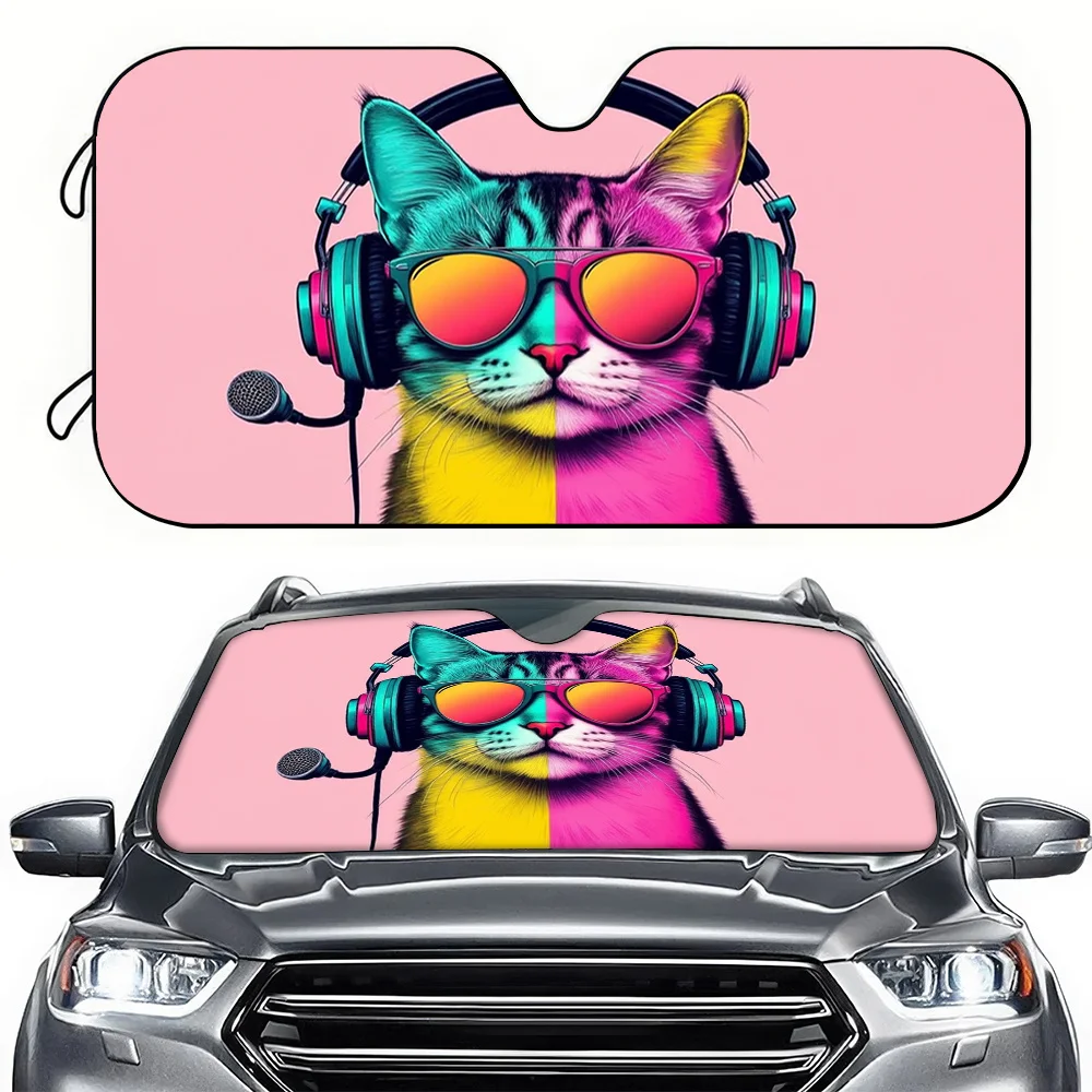 A Stylish Car Sunshade Featuring A Cool DJ Cat Design, High-Definition Printed Sunshade For The Front Windshield, Blocks Sunligh