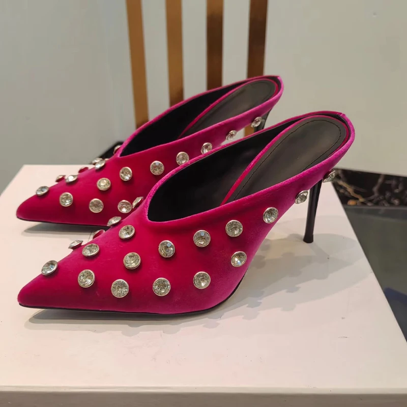 Runway Look Rhinestone Polka Dot Suede Half Head Slipper High-Heel Wedding Genuine Leather Summer Stiletto Heel Women Shoes