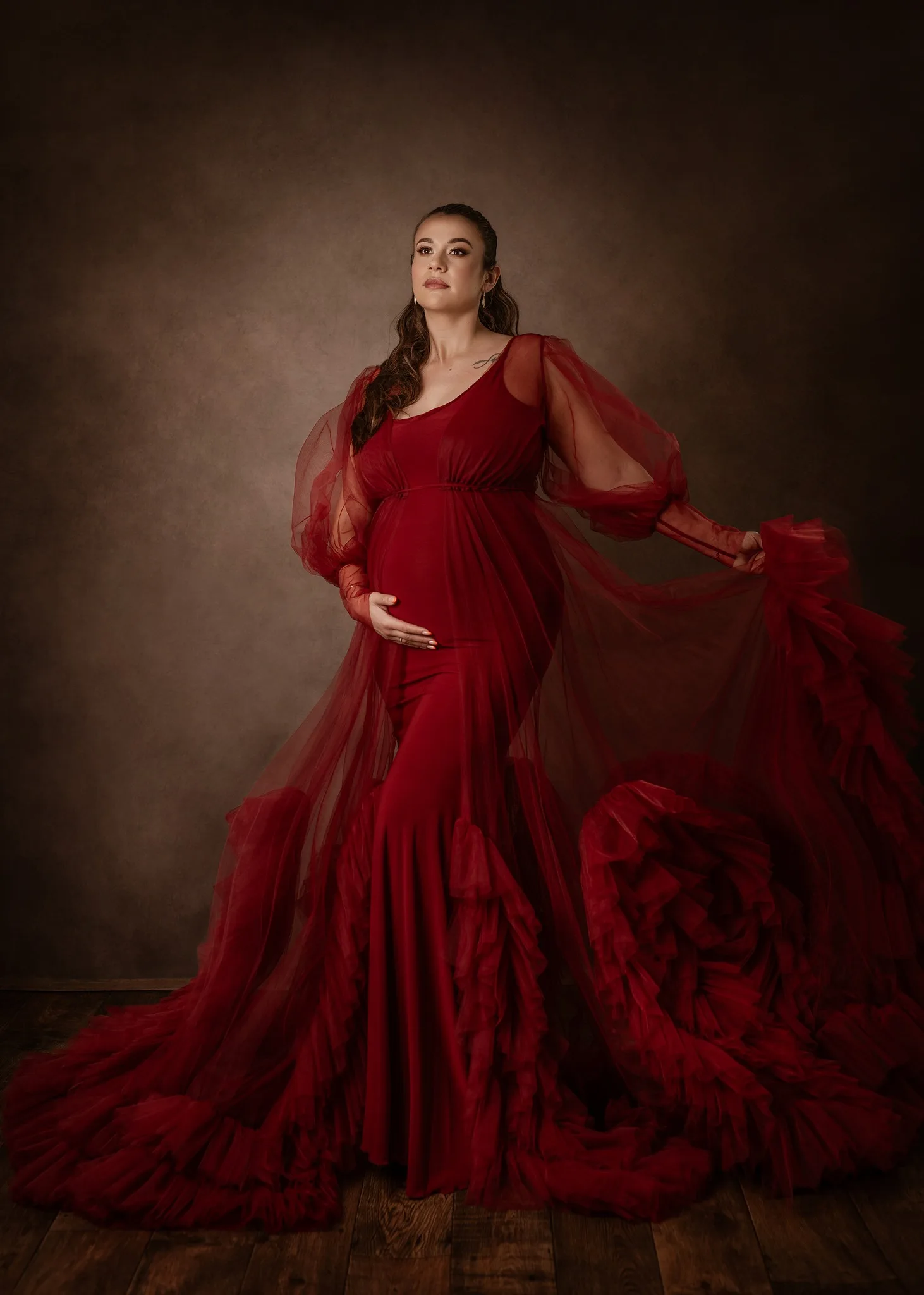 

Dark Red Prom Dress for Women Vintage Maternity Gowns with Lining Ruffles Long Pregnancy Gala Dress PhotoShoot Babyshower Gowns