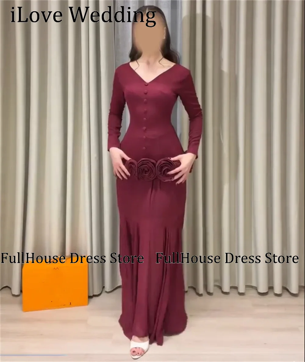 

Elegant V-neck Long Sleeve Pleated Evening Party Dress Sheath Handmade Flowers Length Prom Dress Saudi Arab Gown Customized