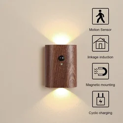 Wooden Motion Sensor Night Light USB Rechargeable LED Magnetic Induction Wall Light Bedroom Corridor Stair Light Home Decor