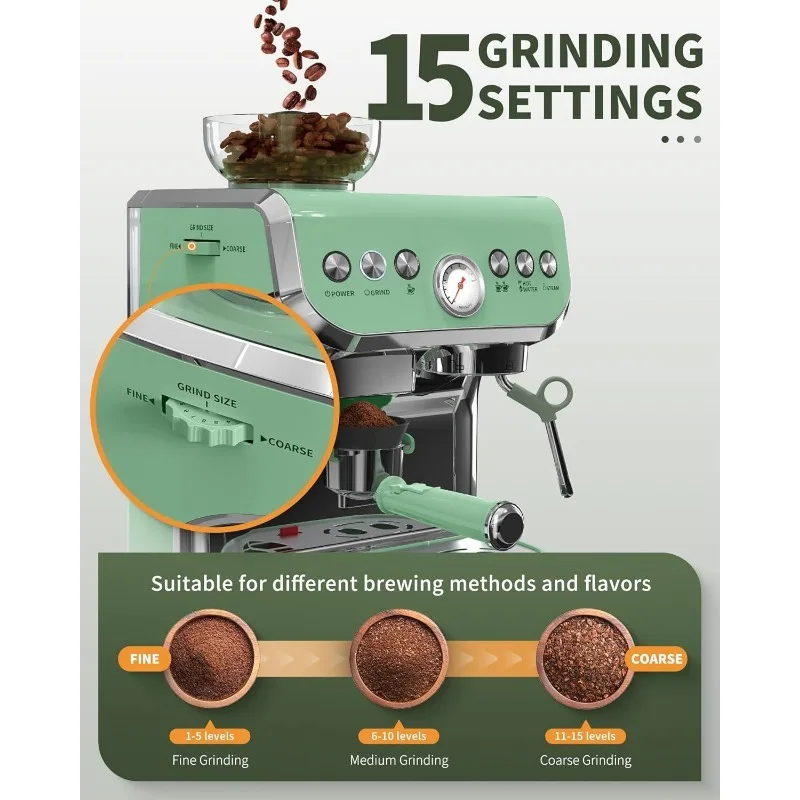 Máquina de café expreso con molinillo, máquina de café expreso de 15 bar con varita de vapor para leche y capuchino, máquina de café expreso casera verde