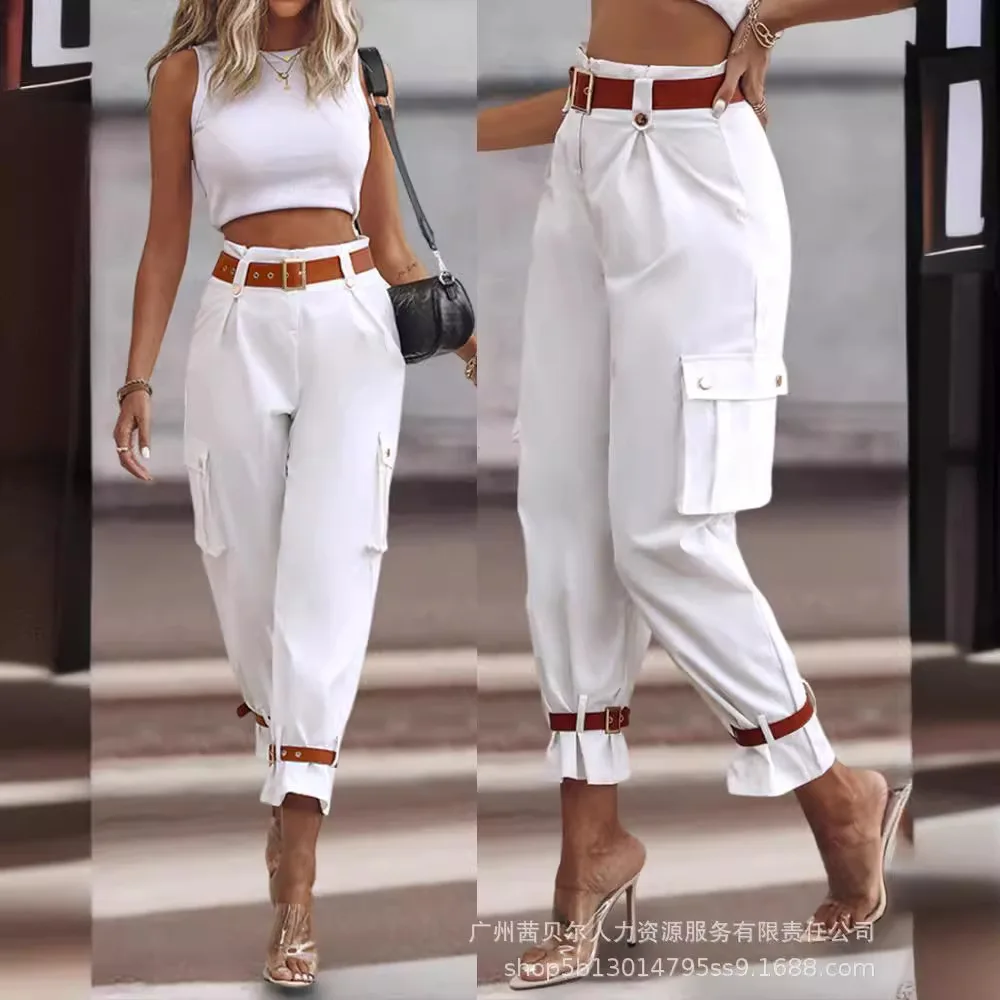 

Women Long Pant High Waist Pants Slim Fit Regular Casual Elegant Splice Pocket Button Trousers Solid Summer Capris 2024