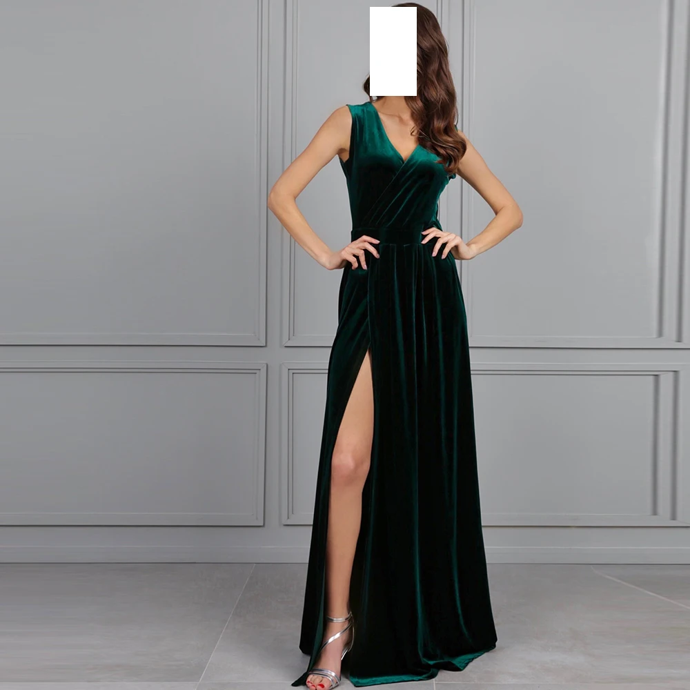 

Sexy Sleeveless Straight Velour Sweep Train Side Silt V-Neck Evening Dress Prom Gowns Floor Length Pleats Robe de mariée Women