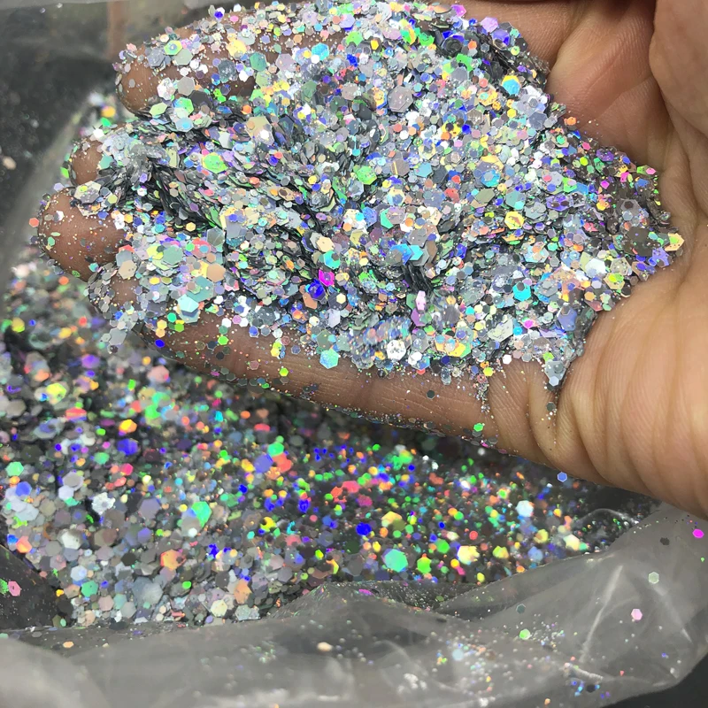 50 g/borsa olografica argento grosso glitter paillettes 0.2/1/2.5 ultra-sottile misto esagono fiocchi per unghie viso trucco nail art glitter