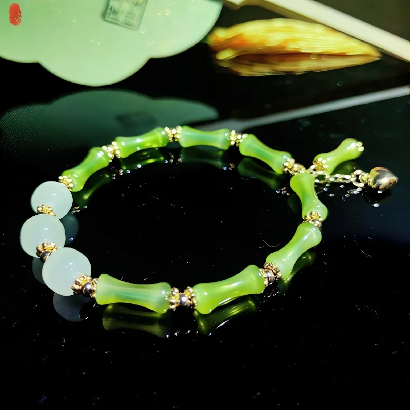 

Jewelry Bracelet Fashion White Chalcedony Unique Bamboo Green Women's Bracelets Handmade Luck Resilience Love