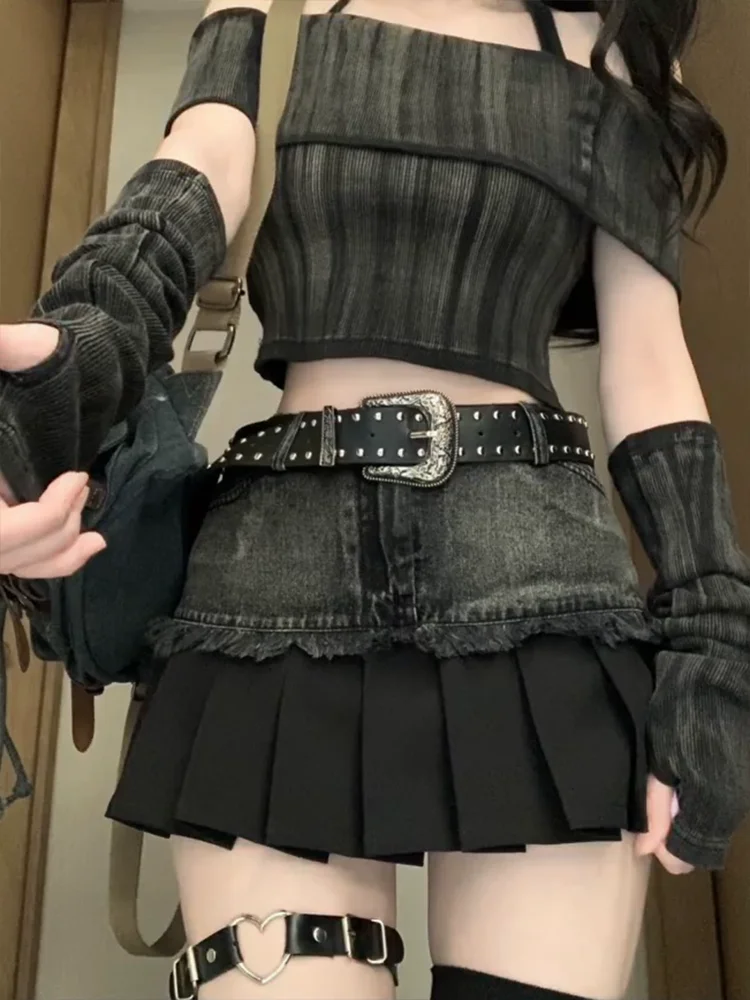 Women\'s Black Gothic Patchwork A-line Pleated Denim Skirt Vintage Y2k Mini Skirt Harajuku Korean Skirt 2000s Emo Clothes Summer