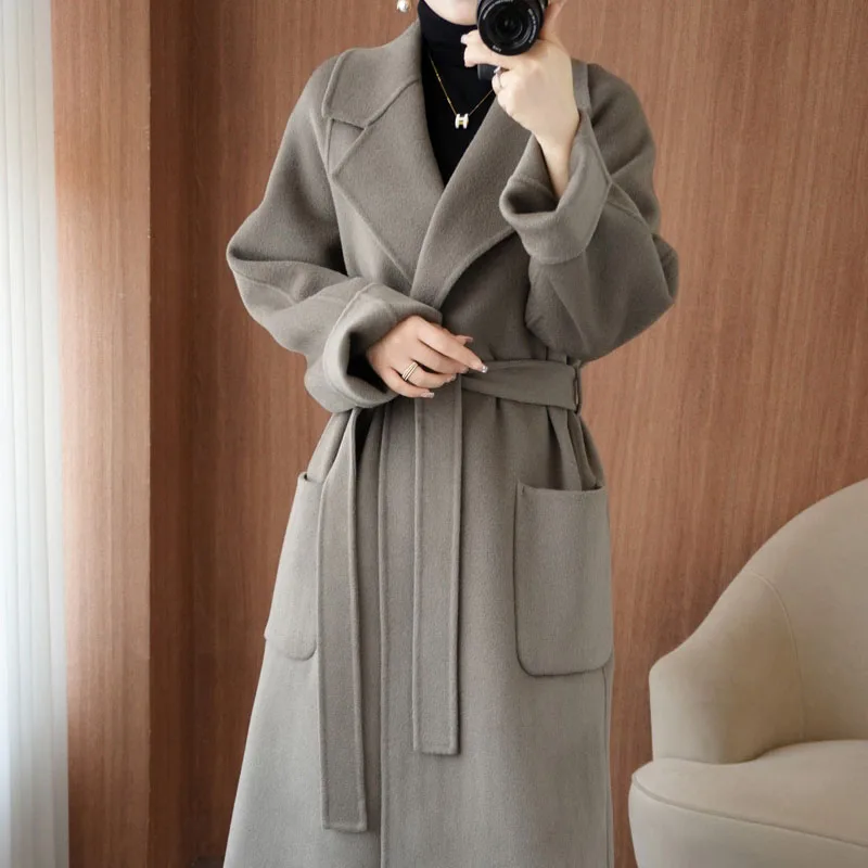 

Women Woolen Coat 2024Winter New Elegant Wool Jacket Slim Long Double-Sided Cashmere Trench Overcoat Vintage Thick Warm Top Lady