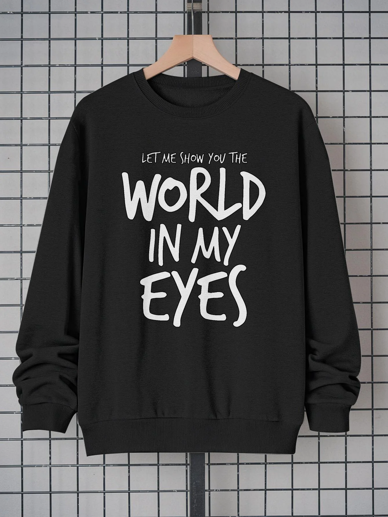 Schwarzer, lockerer, weißer Herrenpullover mit Textdruck – lässiger Street-Style-Langarmpullover mit Rundhalsausschnitt