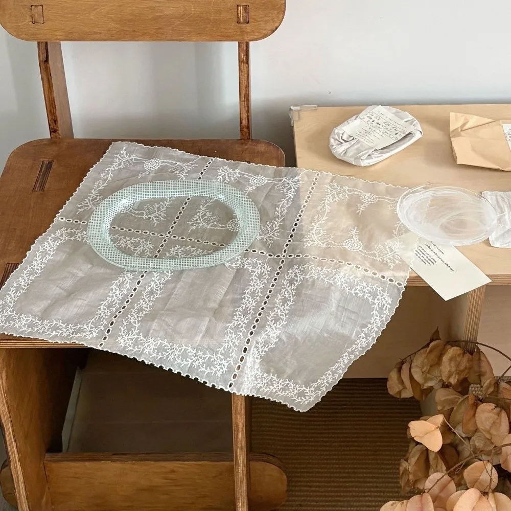 Classical Flower Embroidered Lace Placemats Lightweight Soft Flounced Table Cup Mat Square French Coasters Photo Background