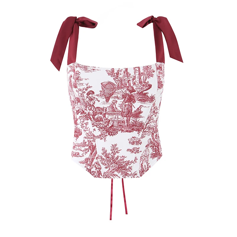 YENKYE New 2026 Women's Print Corset Top Bow Tie Straps Lacing Up Back Party Summer Tops Sexy