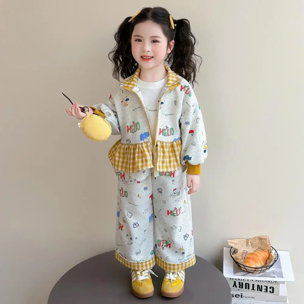 

Костюм в клетку Sanrio Hello Kitty для девочек, весна 2026, новый стиль, детская корейская повседневная одежда, осенняя рубашка на молнии для принцесс, комплект из 2 предметов